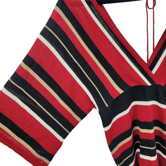 Vintage 90s Red Knit Top V-Neck Kimono Sleeve L Black Striped Empire Tie Back - Picture 5 of 10